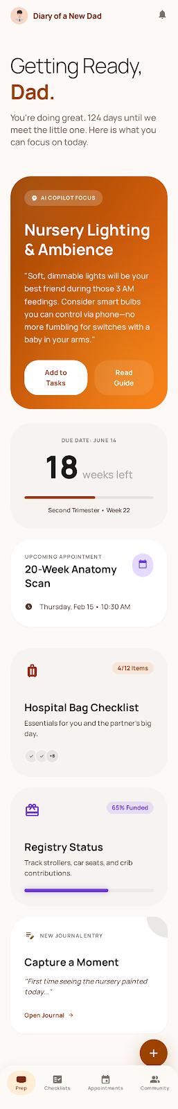 Mobile app screen showing a daily dad playbook dashboard